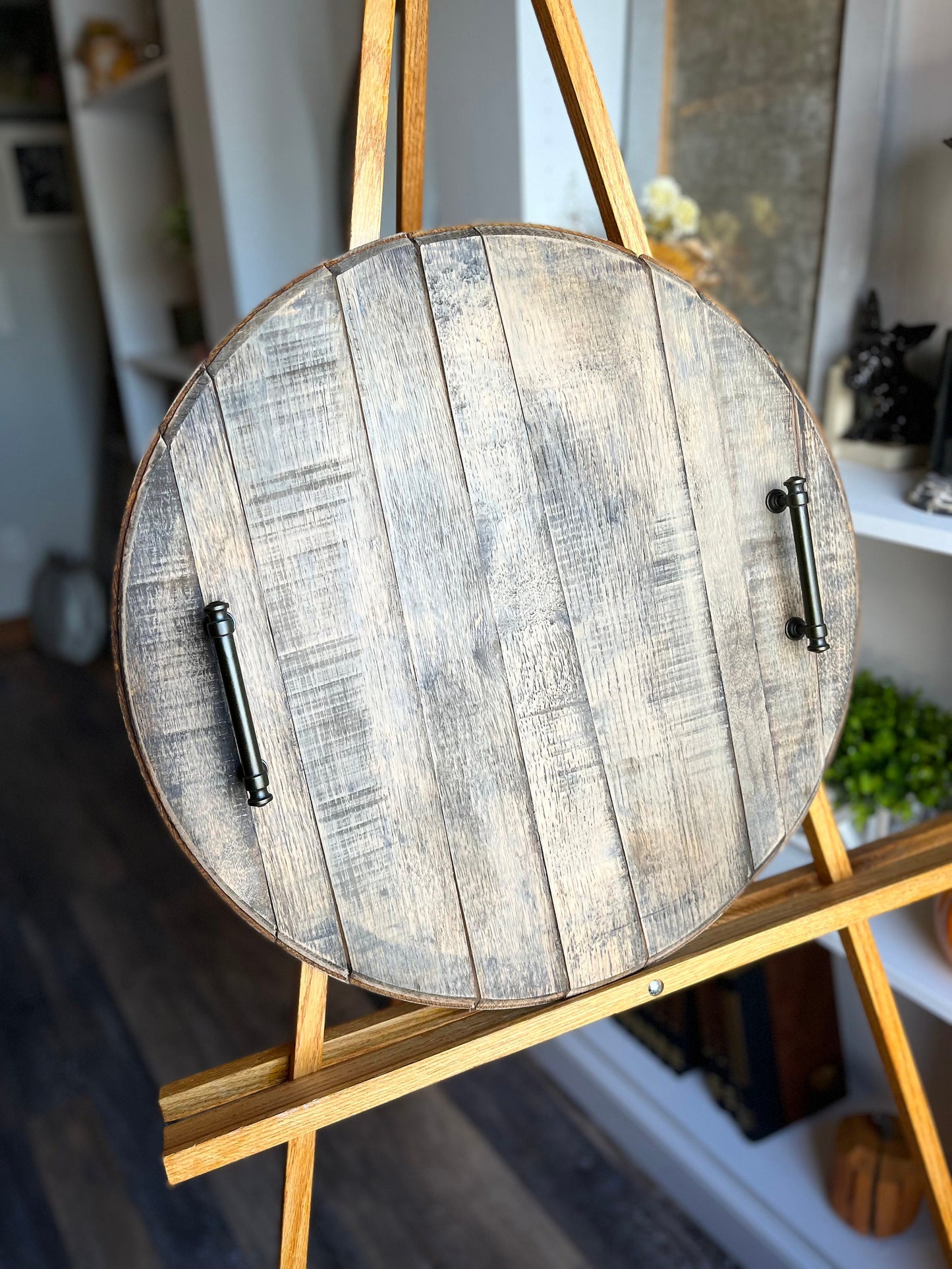 Bourbon Barrel Lid Serving Tray with Personalized Laser Engraving and Handles