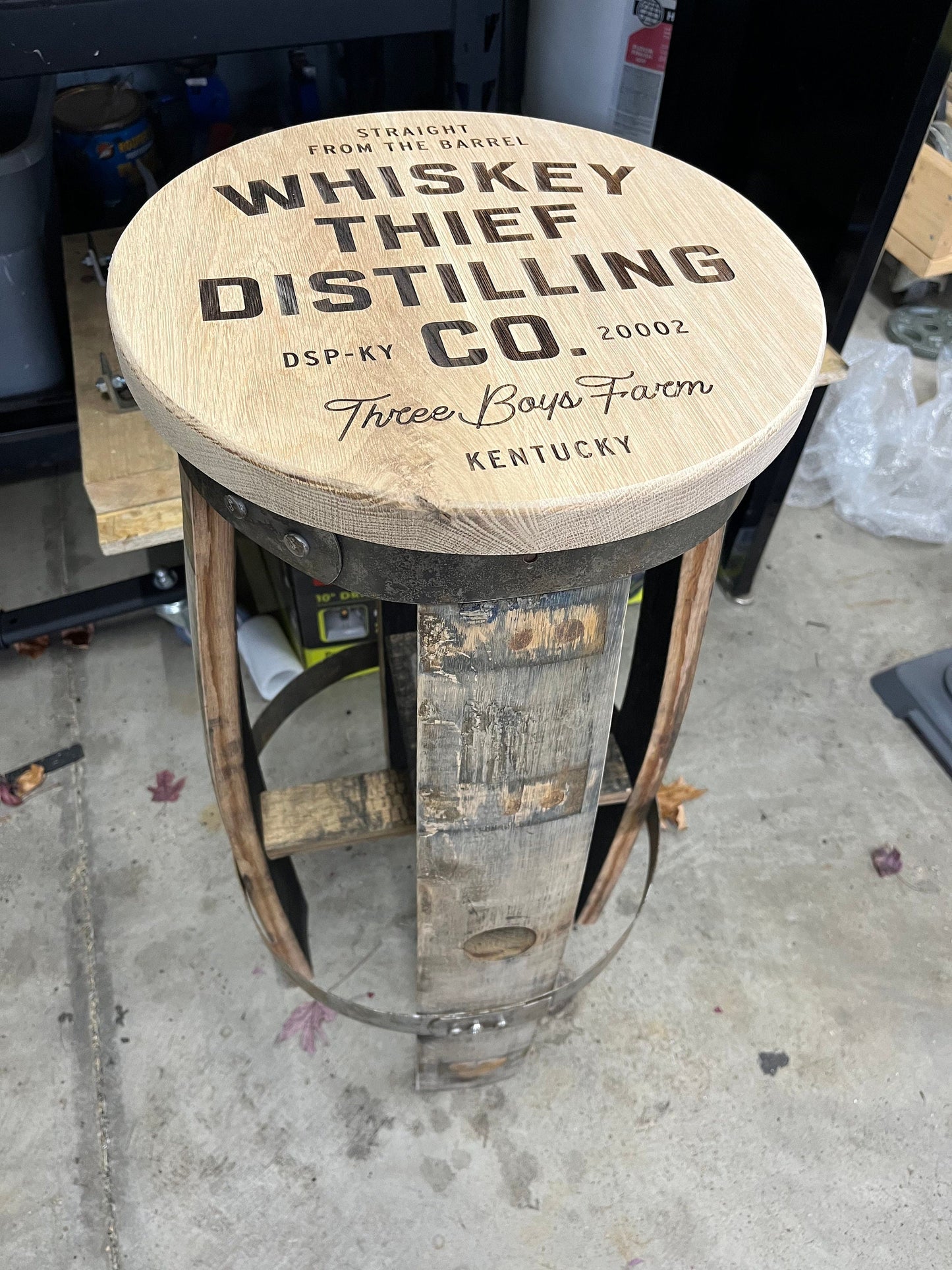 Bourbon Barrel Bar Stool with Custom Design and Laser Engraved