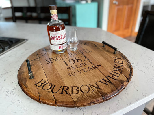 Bourbon Barrel Lid Serving Tray with Personalized Laser Engraving and Handles