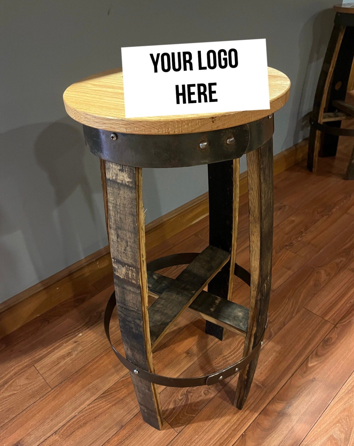 Bourbon Barrel Bar Stool with Custom Design and Laser Engraved