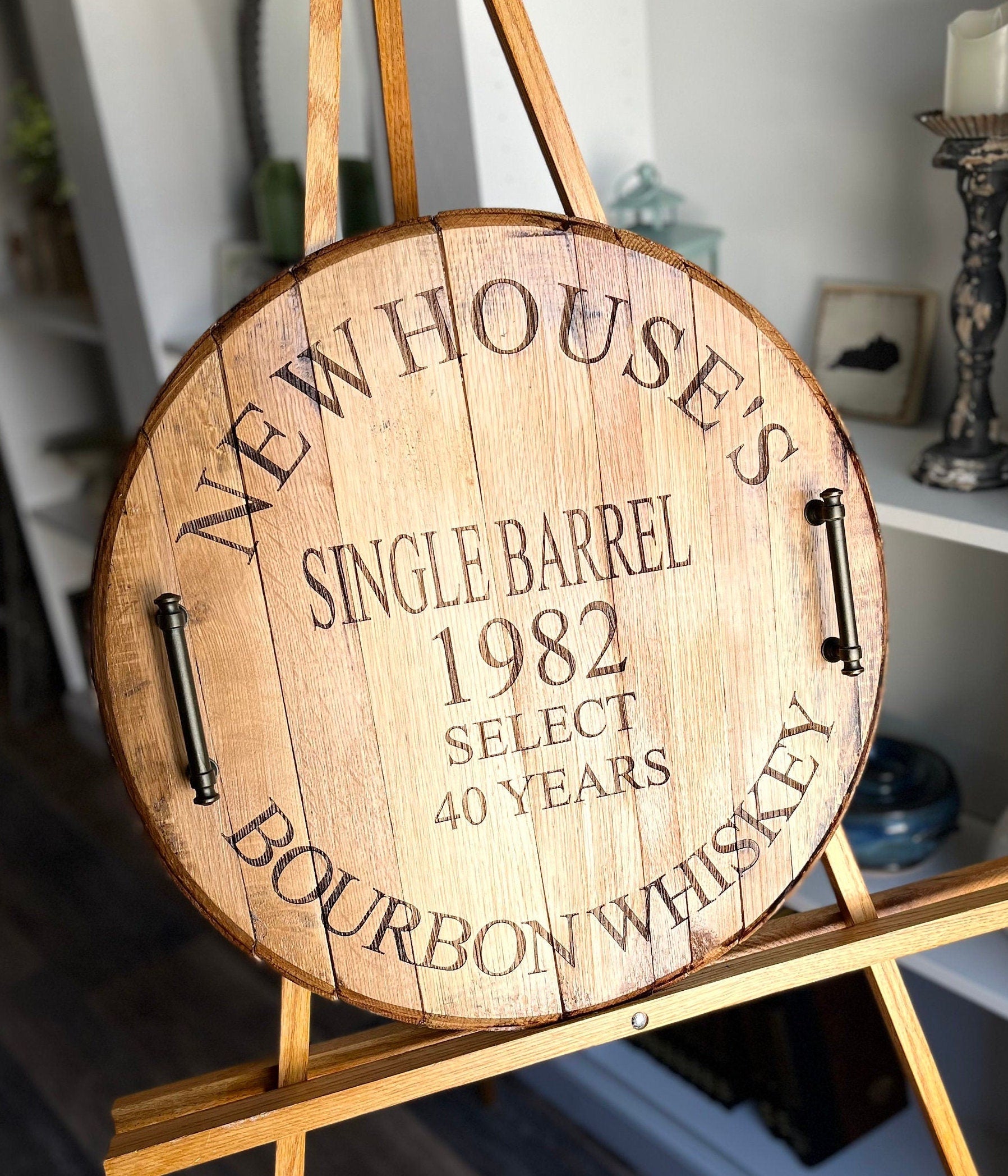 Bourbon Barrel Lid Serving Tray with Personalized Laser Engraving and Handles
