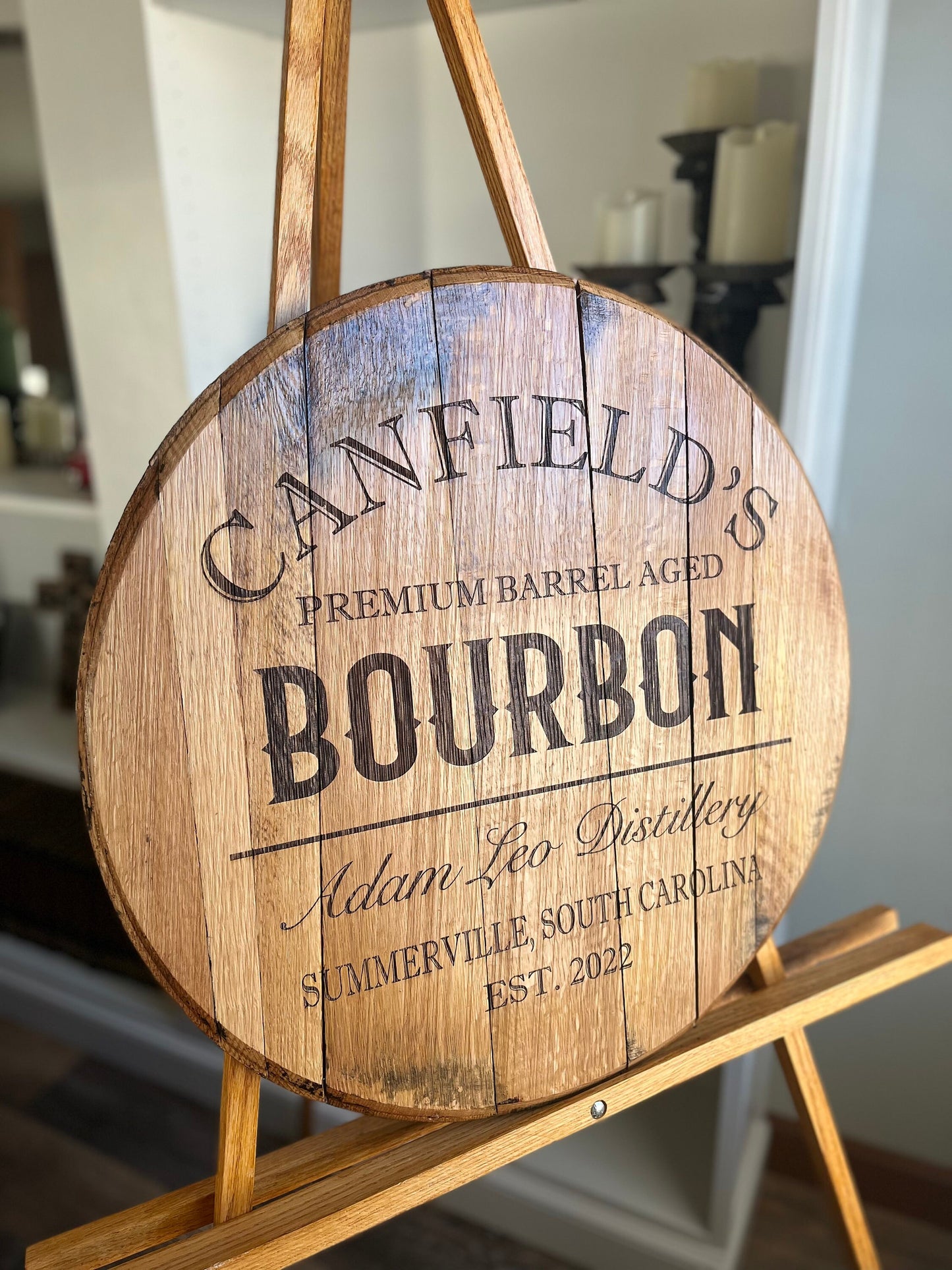 Bourbon Barrel Lid Serving Tray with Personalized Laser Engraving and Handles