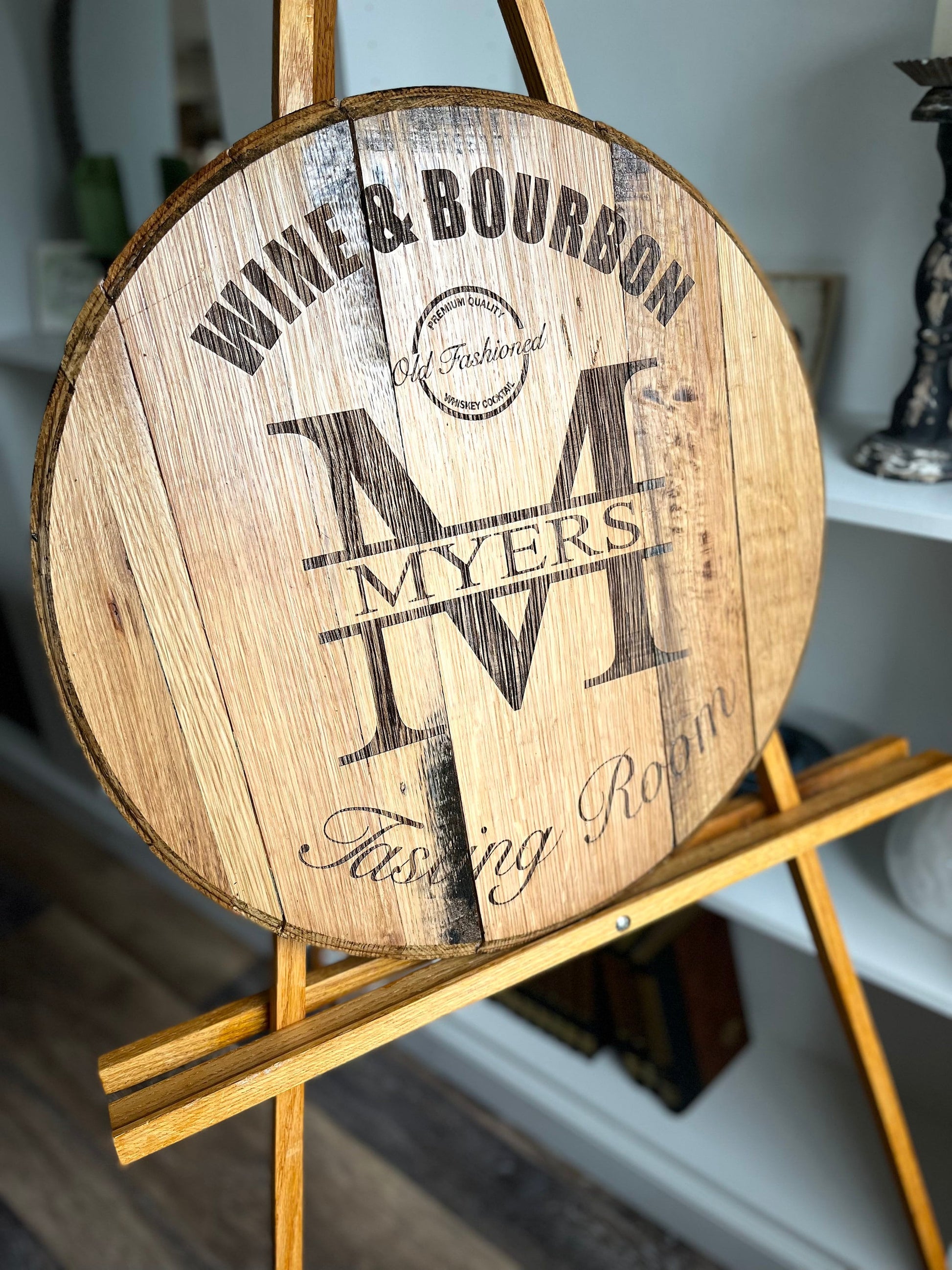Bourbon Barrel Lid Serving Tray with Personalized Laser Engraving and Handles