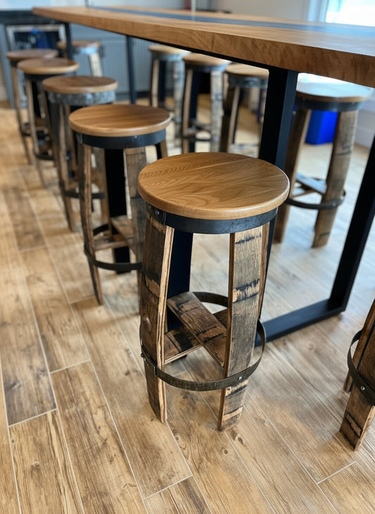 Bourbon Barrel Bar Stool with Custom Design and Laser Engraved