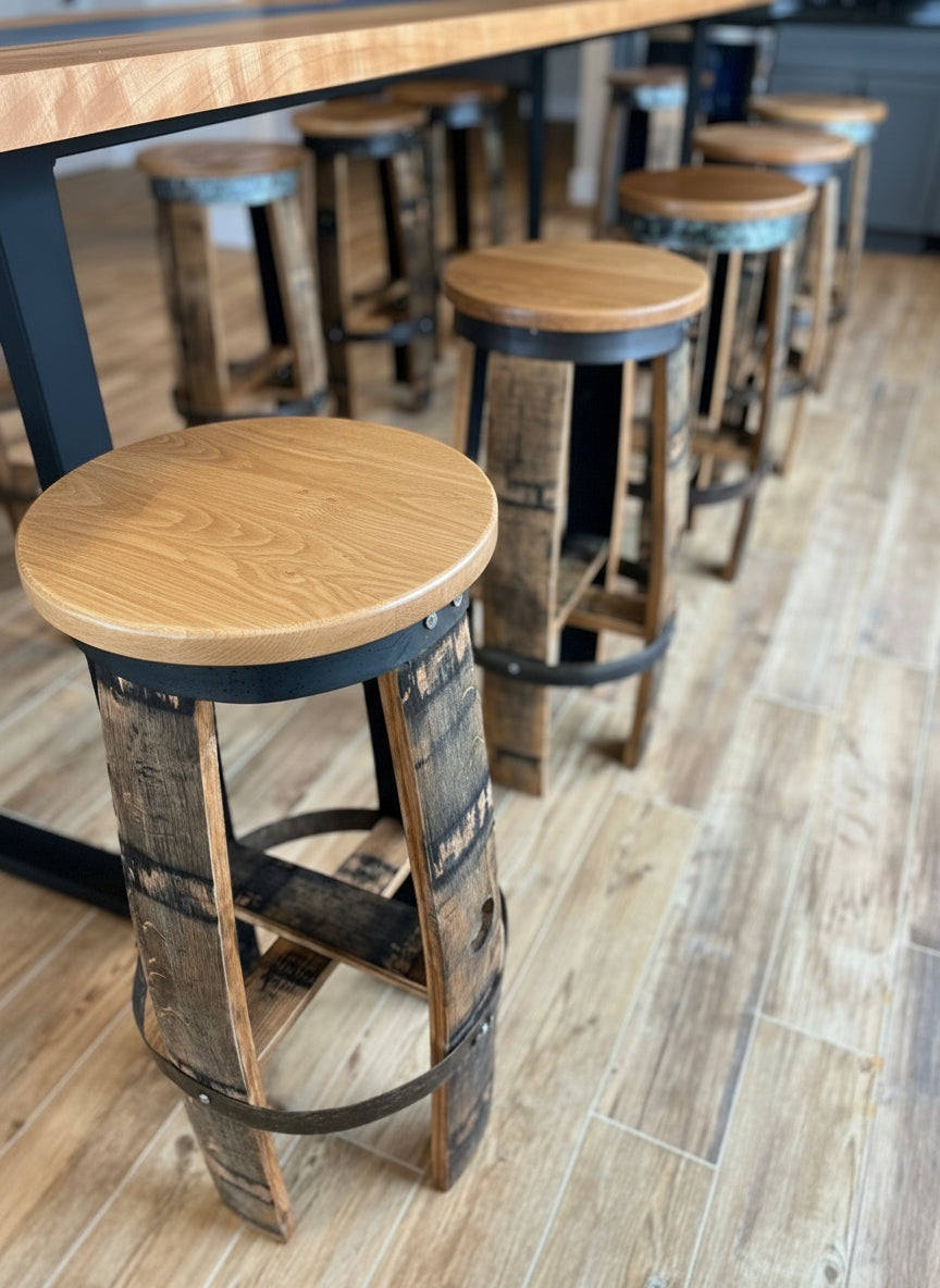 Bourbon Barrel Bar Stool with Custom Design and Laser Engraved