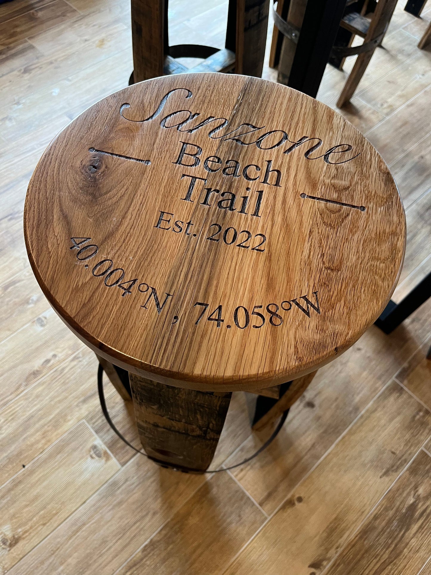 Bourbon Barrel Bar Stool with Custom Design and Laser Engraved