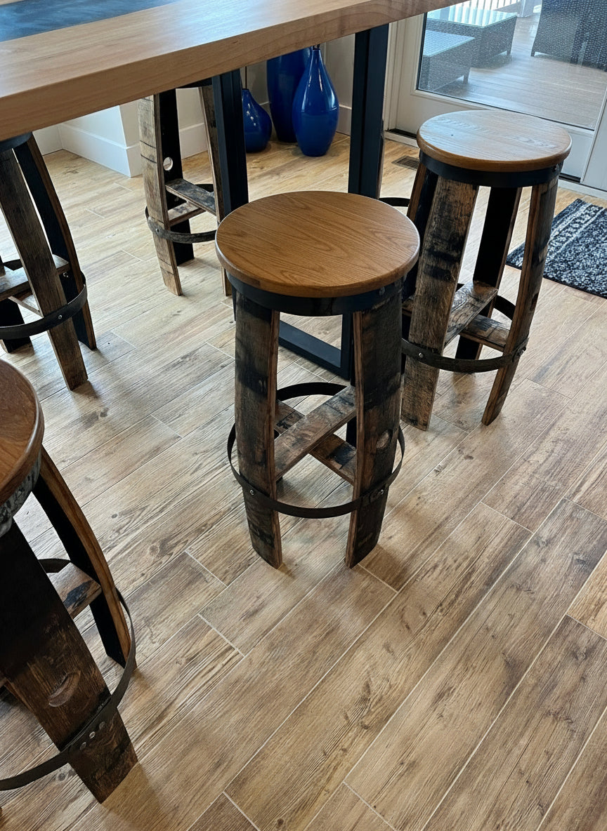 Bourbon Barrel Bar Stool with Custom Design and Laser Engraved