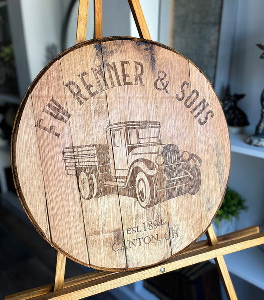 Bourbon Barrel Sign with Custom, Laser Engraved Design