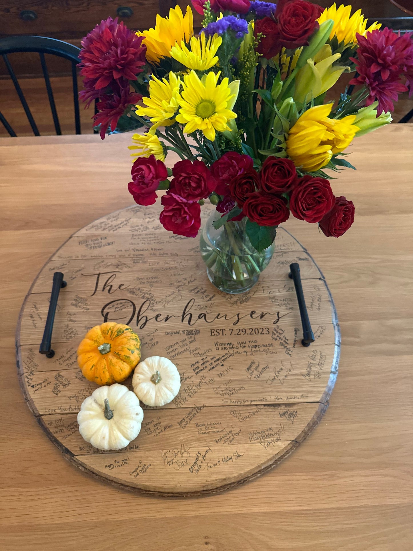 Bourbon Barrel Lid Serving Tray with Personalized Laser Engraving and Handles