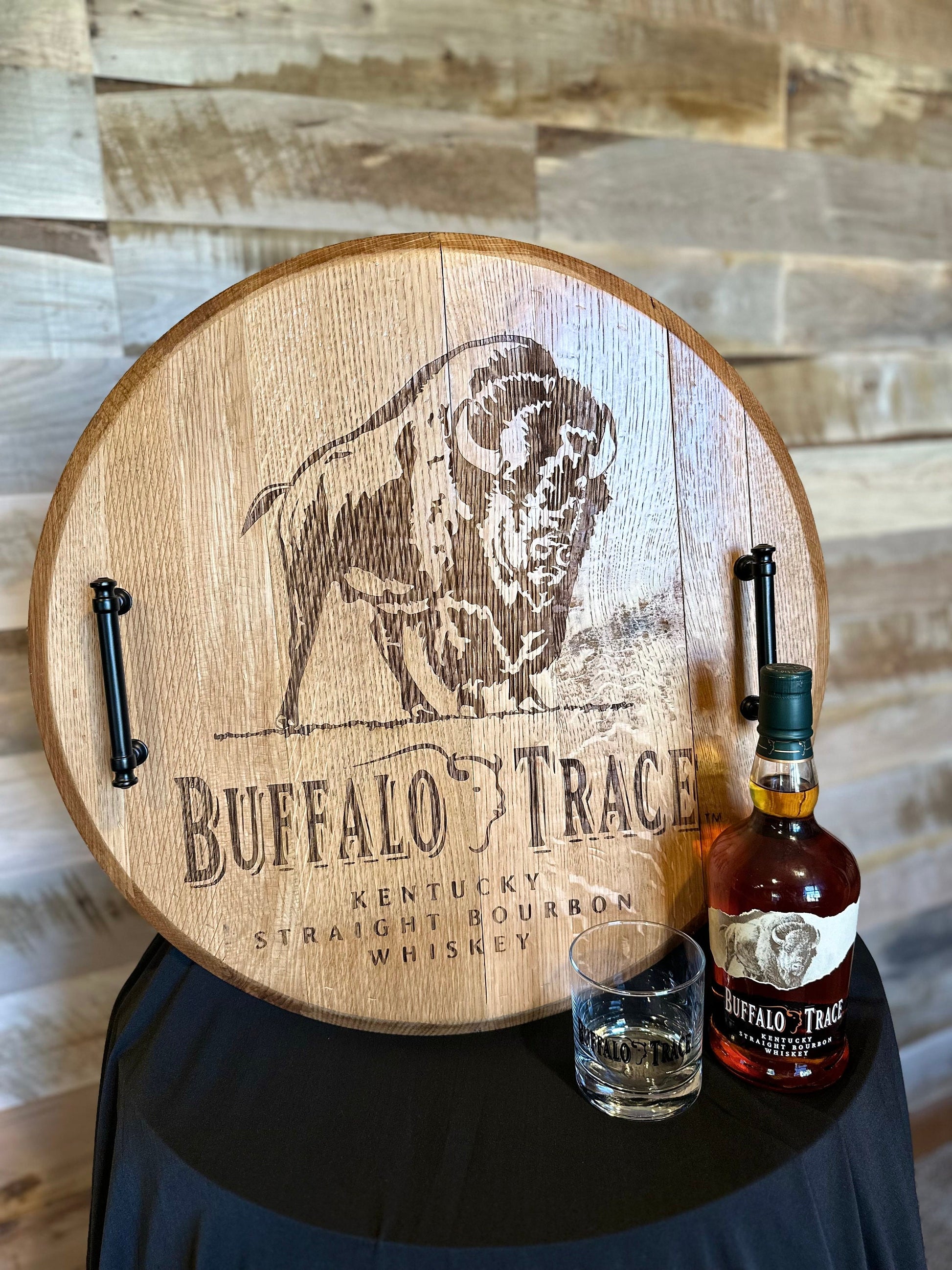 Bourbon Barrel Lid Serving Tray with Personalized Laser Engraving and Handles