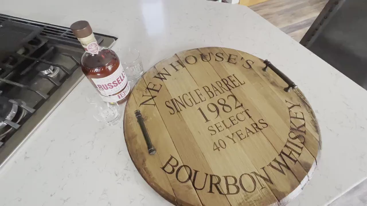 Bourbon Barrel Lid Serving Tray with Personalized Laser Engraving and Handles